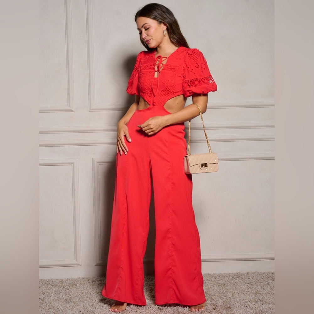 Chicways Cut- Out Eyelet Jumpsuit Red Lined VARIOUS SIZES - Picture 4 of 4